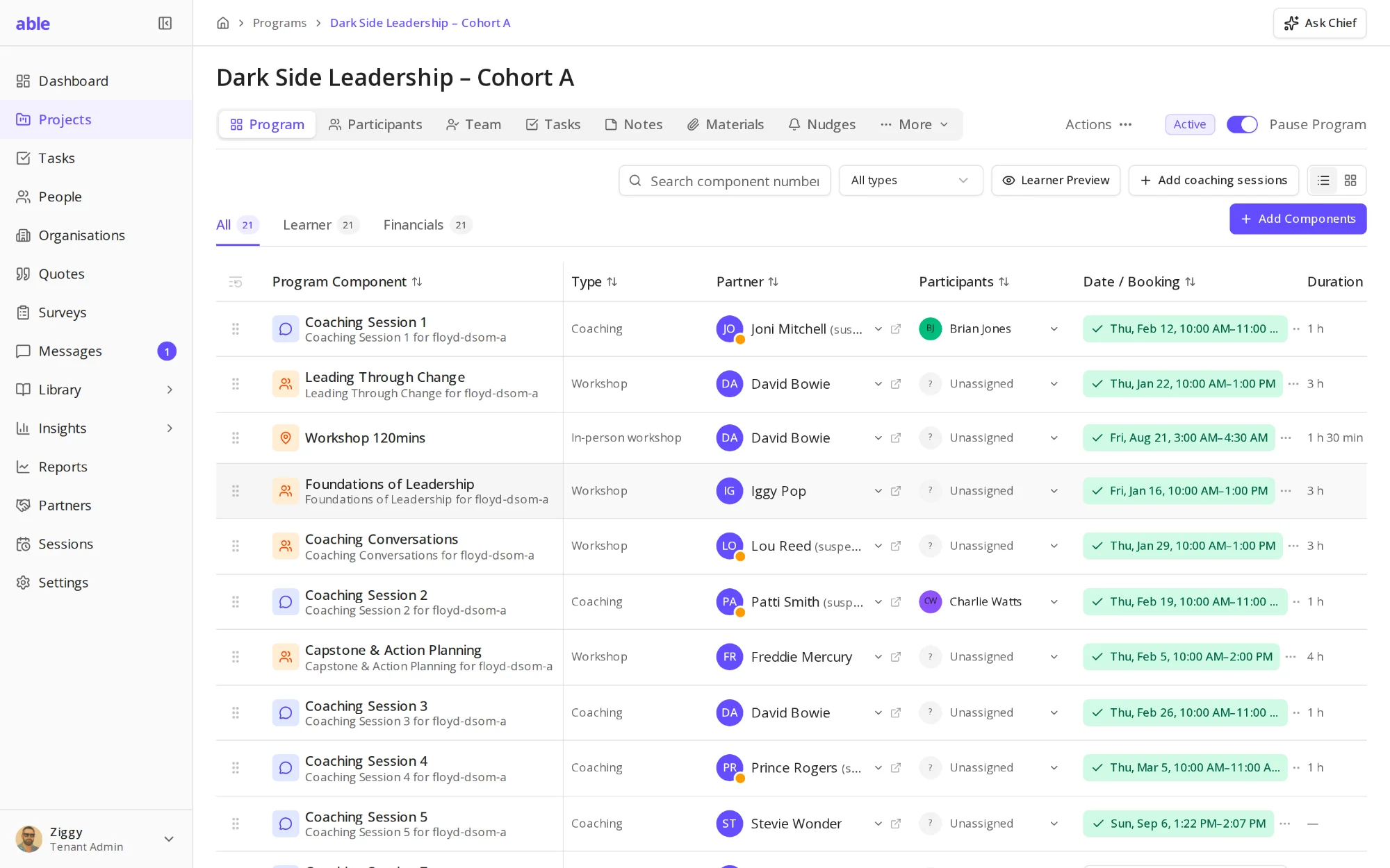 The program designer: a leadership cohort's workshops and coaching sessions with partners, participants and dates